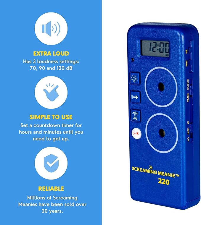 Screaming Meanie 220 Alarm Clock and Timer, Extremely Loud for Deep Sleepers, Multi-Purpose Clock, 3 Sound Levels (with 9v Battery Included) - Blue