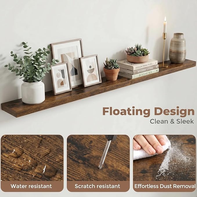 Venusmiles Floating Shelves for Wall, 72 Inch Floating Shelves Set of 2, 6.5" D Wooden Wall Mounted Display Shelves with Invisible Brackets for Living Room, Bedroom, Bathroom, Kitchen Decor, Brown