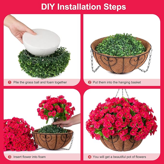 Ammyoo Artificial Hanging Flower Plants with Basket for Outdoor Decoration, Faux Petunias Flowers Fake Morning Glory Planter for Outside Patio Garden Porch Balcony Yard Decor(Rose Red)
