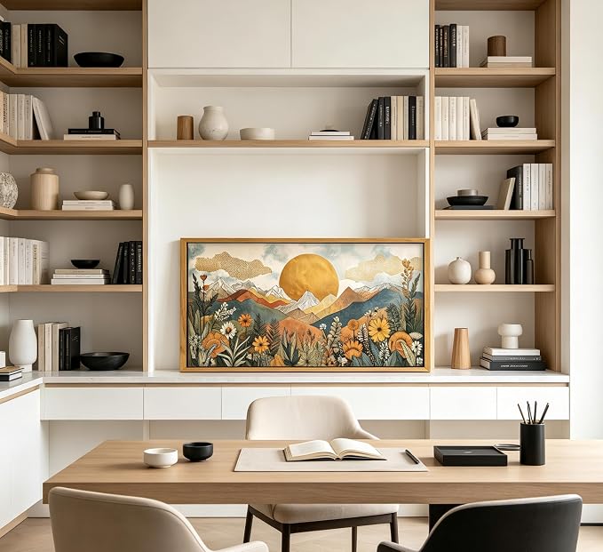 Vintage Framed Large Abstract Mountain Wall Art,Horizontal Boho Nature Landscape Canvas Print,Daisy Sun and Flowers Picture Poster,Japanese Orange Painting Artwork for Bedroom Living Room Office