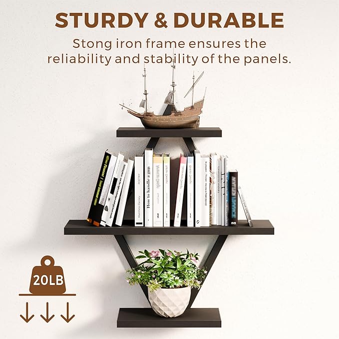 Floating Shelves, Wall Shelf Set of 2, Wall Mounted Shelves, 3-Tier Hanging Wall Shelves for Bathroom, Living Room, Bedroom, Kitchen, Office (Black)