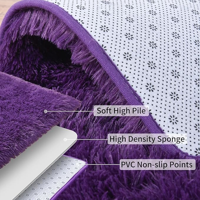 Soft Runner Rugs for Bedroom Hallways, 2x4 Purple Fluffy Shag Throw Area Rug Non Slip for Bedside Dorm, Long Shaggy Furry Carpet for Nursery Living Room