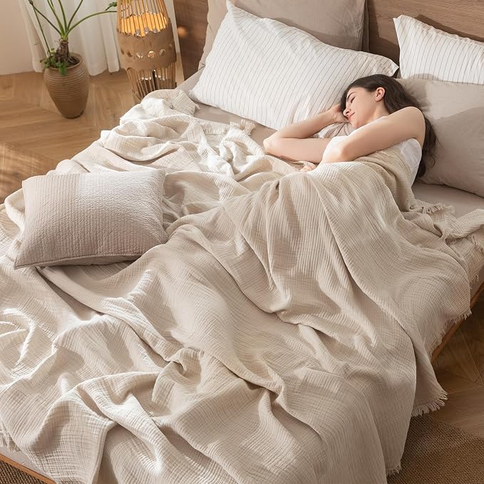 MooMee Muslin Blanket - 100% Cotton 4-Layer Gauze Throw Blanket with All-Around Fringe, Soft Breathable Lightweight Cooling Summer Blankets for Bed Couch (Cream Grey,Throw 60" x 50")