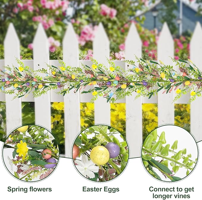 6.5 ft Easter Garland-Spring Garland Egg and Mixed Berry Garland Hanging Rustic Spring Pastel Wreaths DIY Artificial Decorations Garland for Home Indoor Outdoor Easter Mantel Decorations