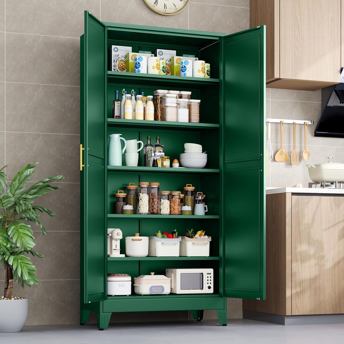 Kitchen Pantry Storage Cabinet with Doors and Adjustable Shelves, Metal ClosetMaid Food Pantry Cabinets, 75" Tall Freestanding Cupboard for Kitchen, Laundry or Utility Room, Green