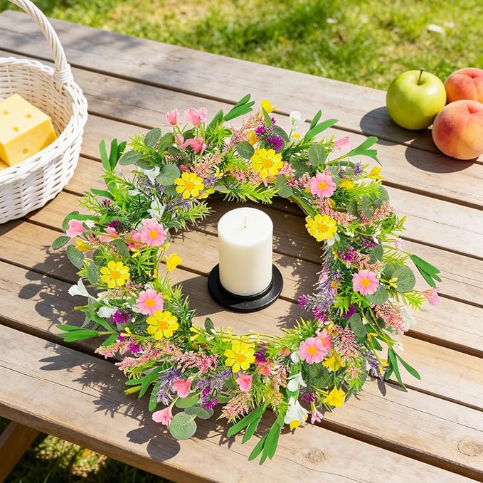 20 Inch Artificial Spring Wreath Handmade Wildflower Daisy Lavender Wreath Colorful Spring Wreath for Front Door Home Wall Porch Farmhouse