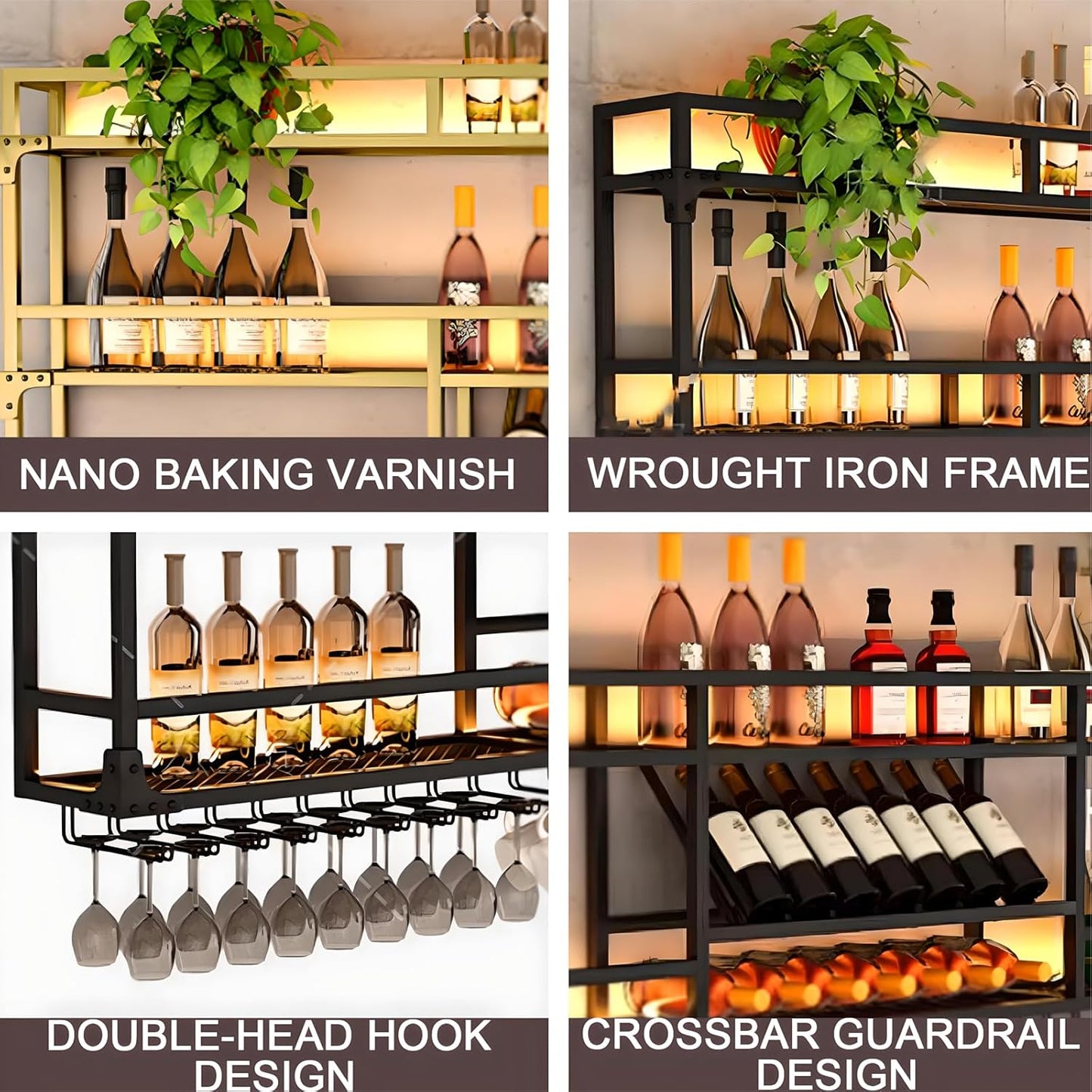 39.1in Wall Mounted Wine Rack, Wine Rack Wall Mounted With Wine Glass Rack, Metal Bar Bottle Display Shelf Wine Cups Hanging Holder, For Home Bar Cafe Dining Room Decoration (GOLD, 39.1*10*35.5inch)