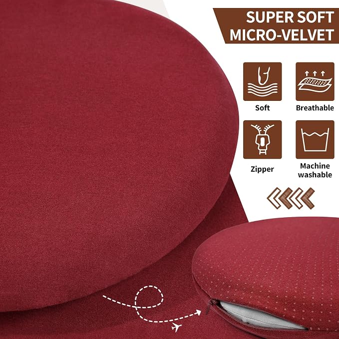 BUYUE Memory Foam Seat Cushion, Dia 15" Soft Velvet Round Stool Cushion Anti-Slip Chair Pads, M, Red