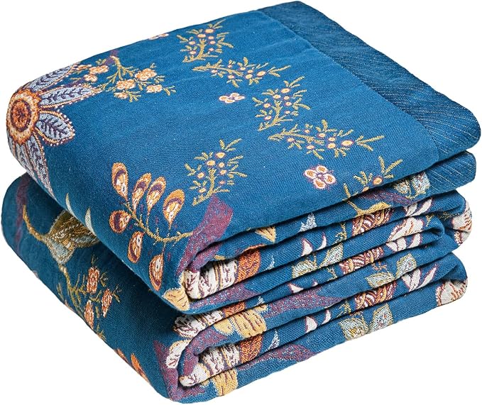 MSGKV Boho Throw Blanket for Couch 50"x60" 100% Cotton Floral Blanket Summer Breathable Lightweight Muslin Home Decorative Blankets for Sofa