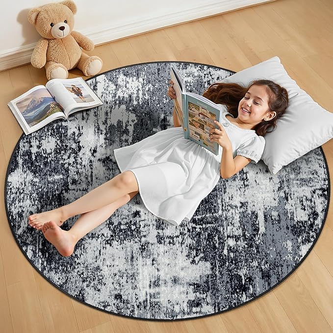 RELEANY Washable Area Rugs 4ft Non-Slip Modern Abstract Soft for Living Room Entryway Bedroom Nursery, Print Pattern, Black Navy Blue Gray