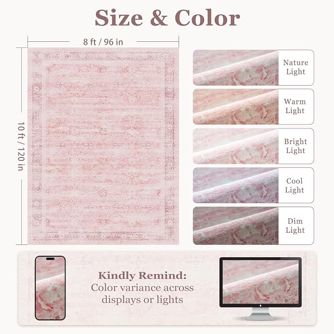 Pink Rug 8x10 for Living Room, Aesthetic Distressed Area Rugs for Bedroom Girls Playroom, Washable Non Slip Nursery Rug Stain Resistant, Low Pile Thin Carpet Rug for Dining Room Home Office
