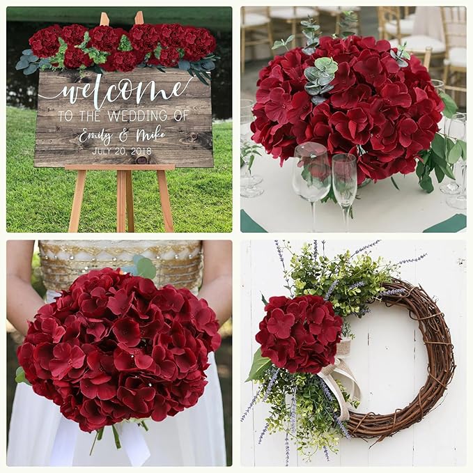 AVIVIHO 65Pcs Fake Flowers Burgundy Hydrangea Artificial Flowers Bulk (Not Squished, No Steaming Need) Silk Flowers with Stems for Wedding Decor,Home,Baby Shower,Table Centerpieces Decoration