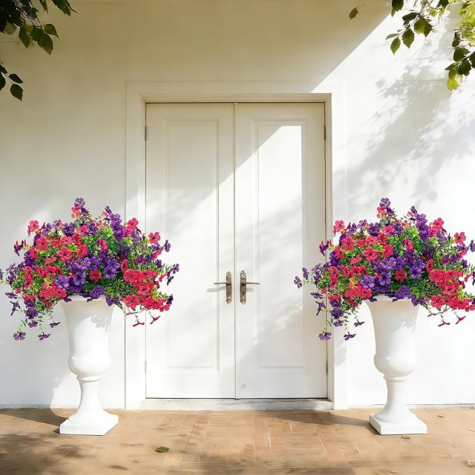 Senjie 12 Bundles Artificial Flowers Bulk for Outdoor Decor, UV Resistant Fake Plastic Flowers, Faux Flowers for Porch Patio Window Boxwood Garden