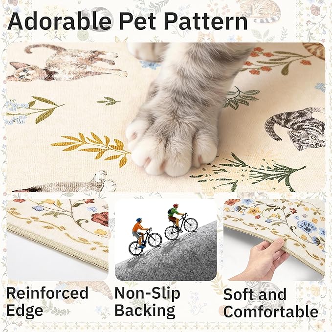 Soalmost Cat 3x5 Area Rugs for Entryway, Machine Washable Animal Floral Accent Rug Non-Slip Low Pile Soft Throw Rugs for Kitchen Bedside Living Room Bedroom Kids Room (3 x 5,Beige)