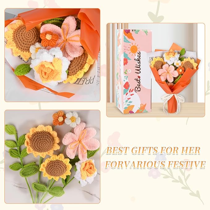 Crochet Flower Bouquet, Orange Crochet Flowers for Mother's Day, Crochet Sunflowers Tulips Roses Bouquet for Valentines Day, Weddings Birthdays Home Decor Gift for Women Moms Wife Friends