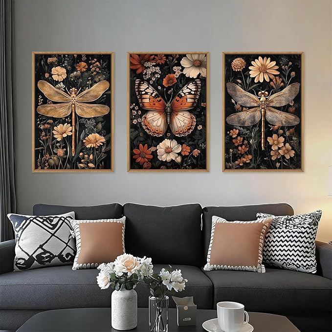 Large Vintage Butterfly Dragonfly Framed Canvas Wall Art Set,Retro Dark Academia Animal Floral Botanical Wall Decor,Moody Insect Wildflower Artwork for Living Room,Bedroom,Farmhouse-16 x24 x3