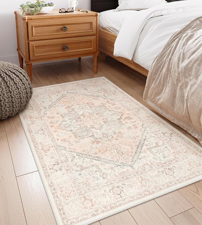 LIVEBOX Pink Carpet 3x5 - Oriental Floral Non-Slip Indoor Rug for Kitchen Entrance, Faux Wool Front Door Mat, Pet Friendly Accent Throw Rug for Bedroom Entry Foyer Laundry Room, Pink