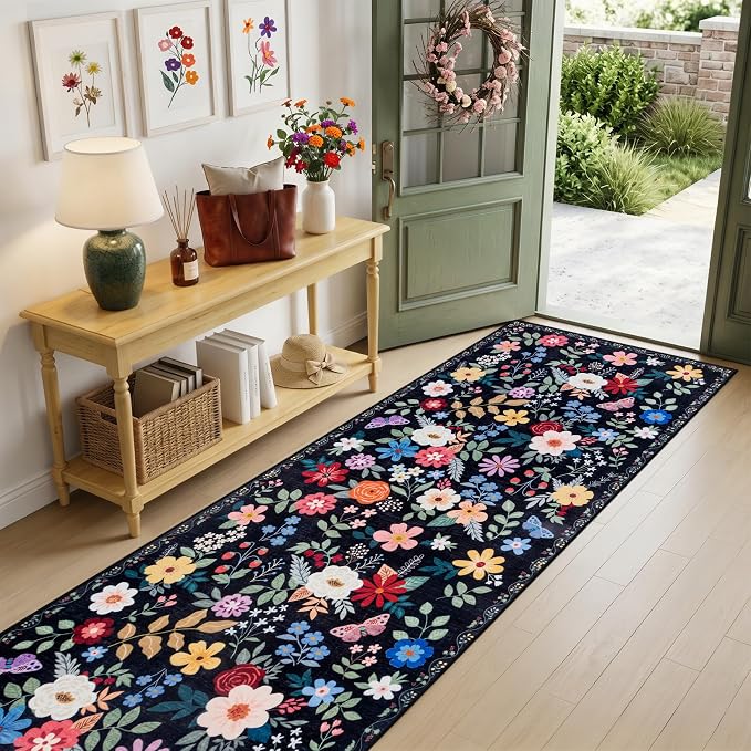 Runner Rug for Entryway: 2.6x14 Kitchen Rugs Non Slip Washable Ultra-Thin Soft Floral Carpet Indoor Floor Stain Resistant Carpets for Hallway Bedroom Kitchen Laundry Bathroom Dorm Black