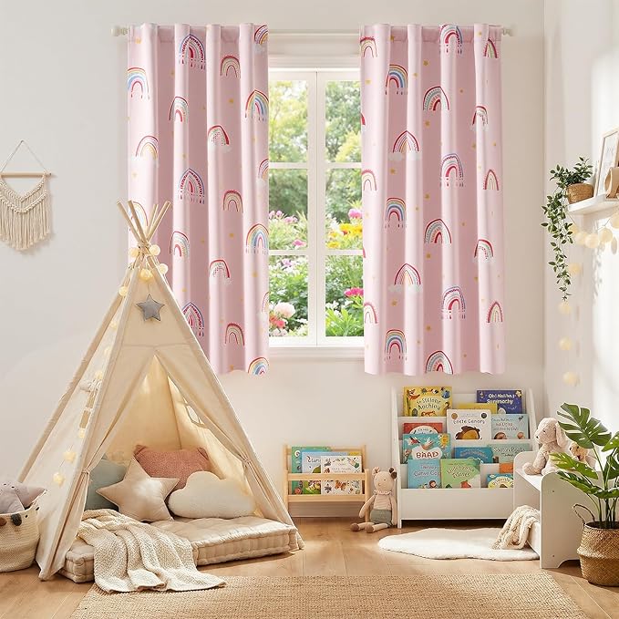 Vangao Blackout Curtains for Kids Bedroom Rainbow Pink Nursery Curtains 63 Inch Length Short Drapes for Teen Girls Thermal Insulated Room Darkening Boho Light Blocking for Living Room Set of 2