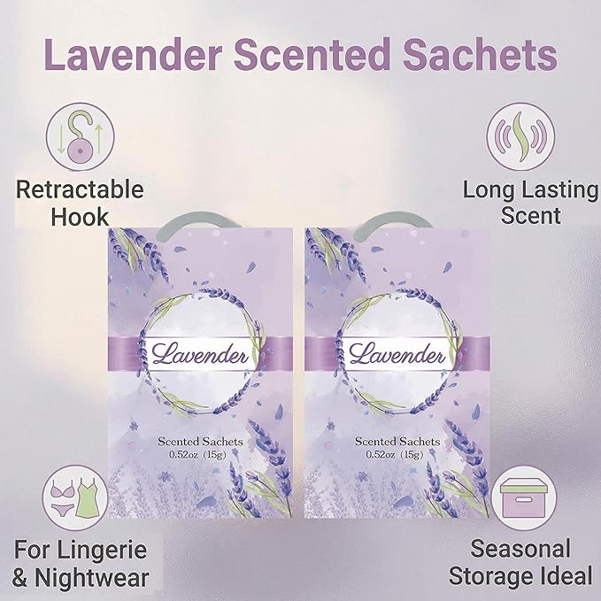 12 Packs Lavender Scented Sachets for Closets and Drawers - Natural Lavender Essential Oil Hanging Bags with Retractable Hook - Ideal for Lingerie, Silk Sheets, Bedding & Nightwear Care