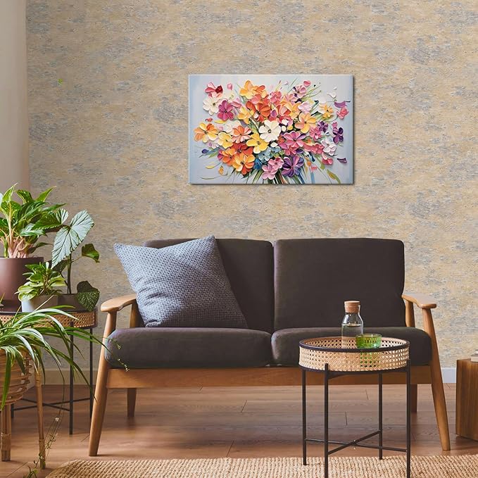Pink Orange Flower Canvas Wall Art Girls Bedroom Wall Decor Colorful Floral Oil Painting Texture Prints Wildflower Picture Country Aesthetic Artwork Modern Bathroom Kitchen Home Decorations 20x30"