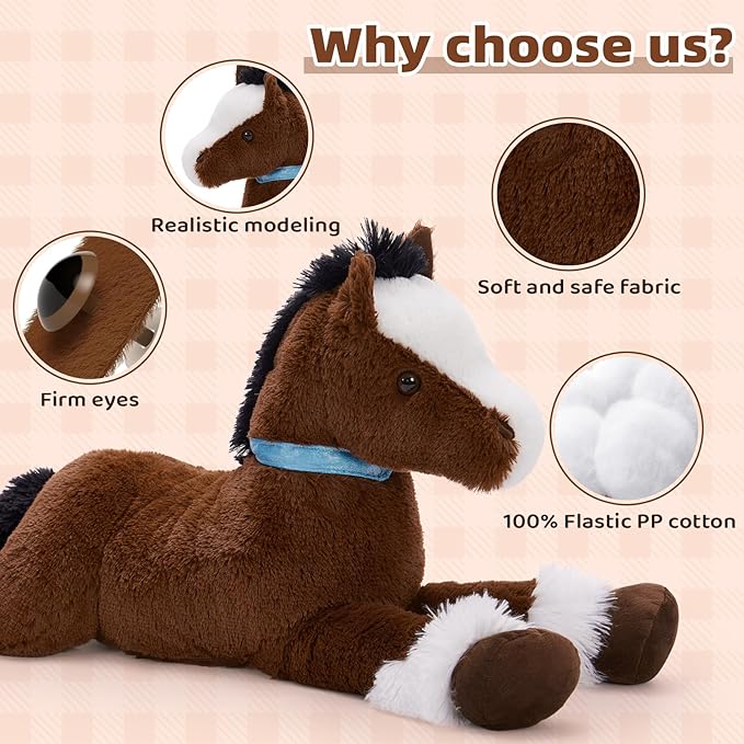 Tezituor 4ft Realistic Horse Stuffed Animal, 47inches Chocolate Stuffed Horse Farm Plush Toy, Hugging Soft Pony Plush Body Pillow Theme Decor Gift for Boys Girls