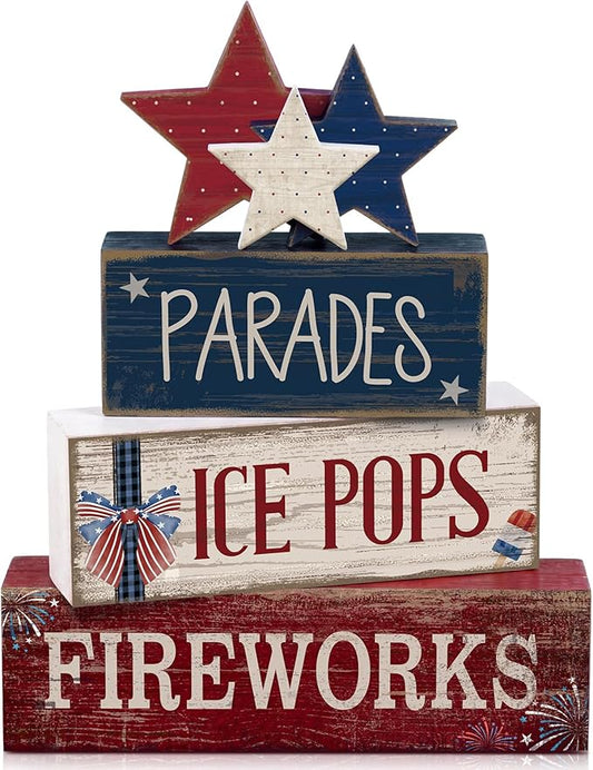 4 Pcs 4th of July Decorations Patriotic Tiered Tray Decor Memorial Day Tabletop Decoration Red White Blue Table Centerpieces Parades Star Decorative Trays for Tiered Tray Home Shelf 250th Anniversary
