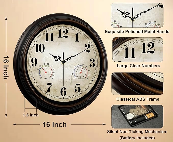 Vintage Wall Clock 16 Inch Quartz Silent Non-Ticking Analog Clock with Thermometer and Hygrometer, Battery Operated Rustic Round Decorative Clock for Living Room Home Office Classroom