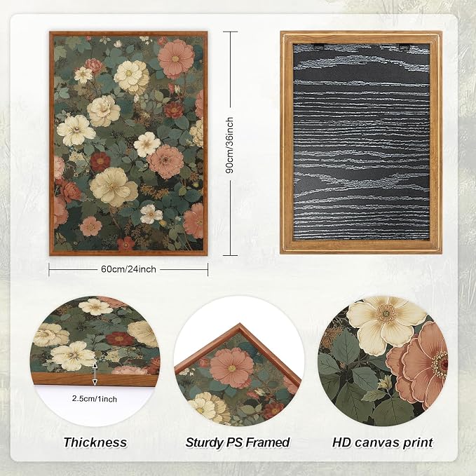 LHIUEM Vintage Blossom Flower Framed Canvas Wall Art Set,Nature Wildflowers Botanical Wall Decor,Retro Boho Floral Artwork for Living Room,Bedroom,Dining Room,Office-24 x36 x3
