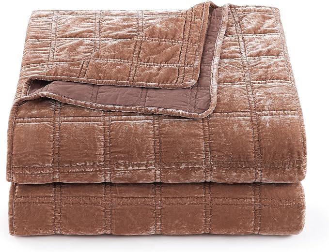 HiEnd Accent Stella Faux Silk Velvet Double Box Stitch 3 Piece Quilt Set, Full Queen Size, Dusty Rose Solid Color, Classic Chic Modern Rustic Elegant Bedding Set, Lightweight Bed Set