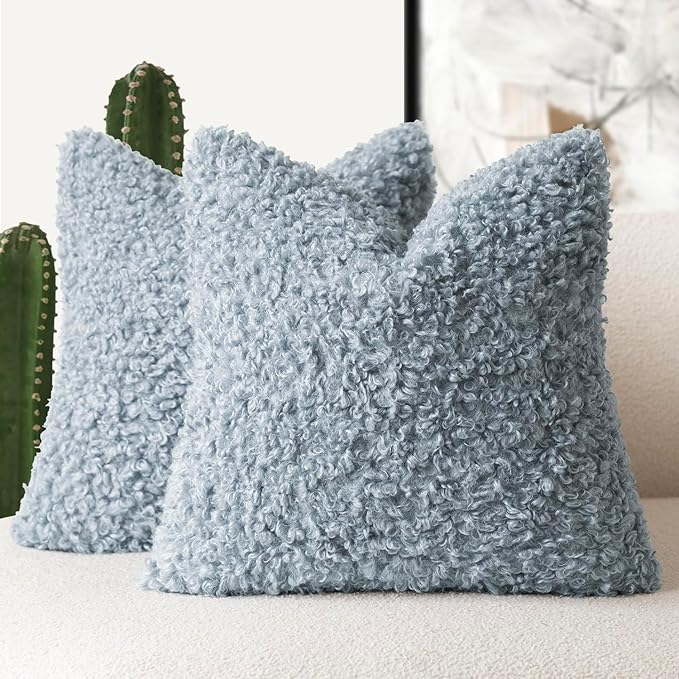 Foindtower 2 Pieces 24x24 Inch Misty Blue,Faux Fur Throw Pillow Cover Accent Sherpa Furry Pillow Covers Fuzzy Soft Pillowcases Cozy Sheepskin Decorative Fleece Cushion Case for Bed Couch Living Room