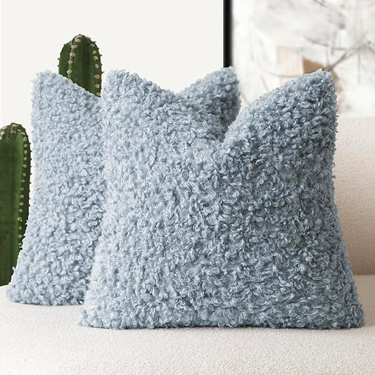 Foindtower 2 Pieces 24x24 Inch Misty Blue,Faux Fur Throw Pillow Cover Accent Sherpa Furry Pillow Covers Fuzzy Soft Pillowcases Cozy Sheepskin Decorative Fleece Cushion Case for Bed Couch Living Room
