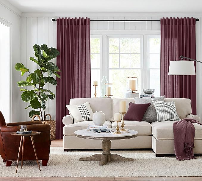 Jowels Burgundy Linen Curtains 84 Inch Long 2 Panels for Living Room | Light Filtering Semi Sheer Curtain, Back Tab Pocket Pleated Look, Boho Farmhouse Textured Privacy Drapes for Bedroom Window