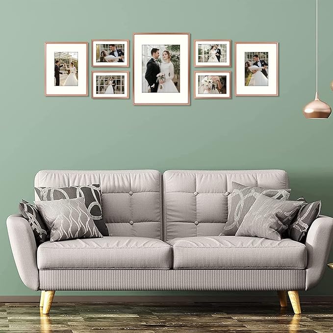 Golden State Art, Picture Frame Set 7 Pack, Gallery Wall Frame with One 11x14, Two 8x10, and Four 5x7. Aluminum Photos Frame for Wall or Tabletop Display (Style 1, Rose Gold, 7 Pack)