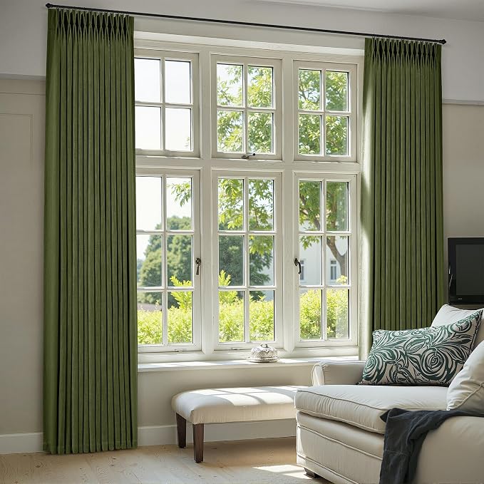 Olive Green Pleated Linen Curtains 108 Inches Long for Living Dining Room Bedroom Light Filtering Boho Window Drapes 2 Panels with Hooks Rings Clips Sliding Glass Door Semi Sheer Curtain Pinch Pleat