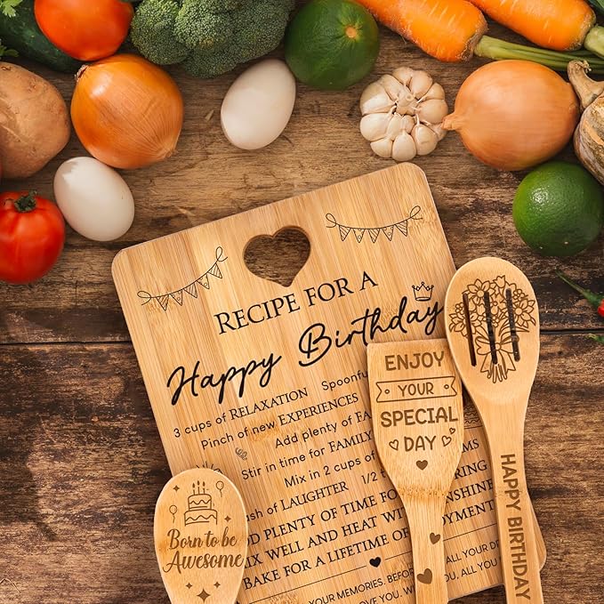 Birthday Gifts for Women - "Recipe for a Special Happy Birthday" Birthday Gifts for Men Cutting Board Set, Bamboo-Made Engraved Utensil Set Gifts for Women Birthday.