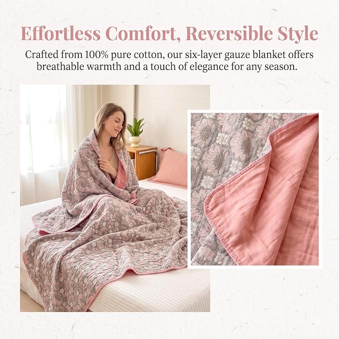 NIDITW Checkerboard Cotton Muslin Throw Blanket for Couch 6-Layer Checkered Gauze Blanket Soft Breathable All Season for Couch Bed Sofa (Pink Printing, Queen)