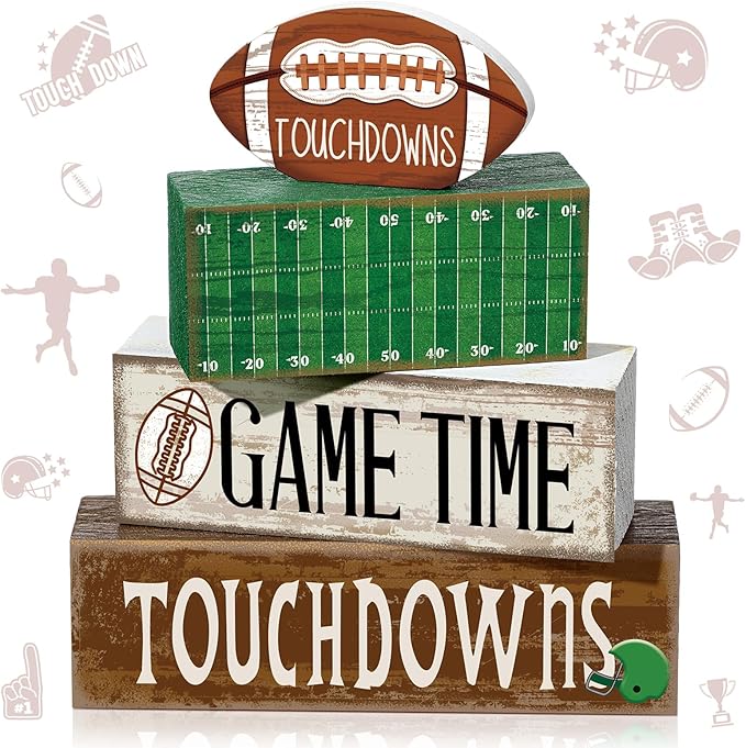 Yuntau 4 Pcs Football Table Decorations Spring Football Tiered Tray Decor Spring Wooden Sign Soccer Centerpiece Decorative Faux Book Stack Block for Coffee Table Fireplace Mantel Floating Shelf