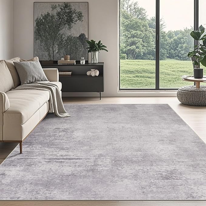 Srugn Washable Rugs 8x10 Area Rugs for Living Room,Modern Abstract Rugs for Bedroom,Large Carpets,Ultra Soft Faux Wool Retro Dining Room Rug,Non Slip&Non-Shedding Low Pile Print Rug- Grey