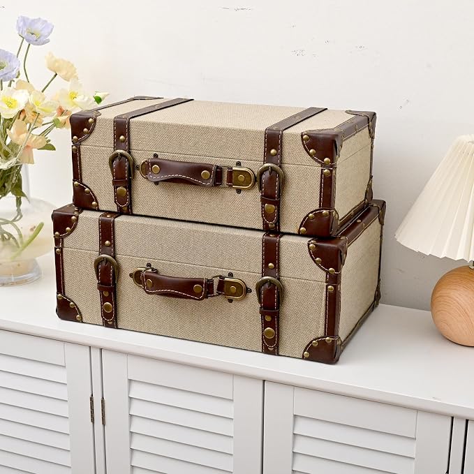 DDECOR4SEASON Set of 2 Decorative Vintage Storage Trunks, Natural Canvas Wrapped Wood Keepsake Boxes with Faux Leather Trim and Antique Accents, Stackable Nesting Chests for Home Décor