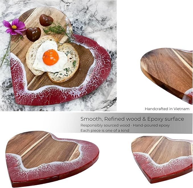 Heart Serving Board - Acacia Wood with Epoxy (11.8" x 10.6"), Adorable Charcuterie Cheese Tray, Kitchen Gift Idea, Cute Cutting Board for Women, Valentine Gift, Housewarming Present