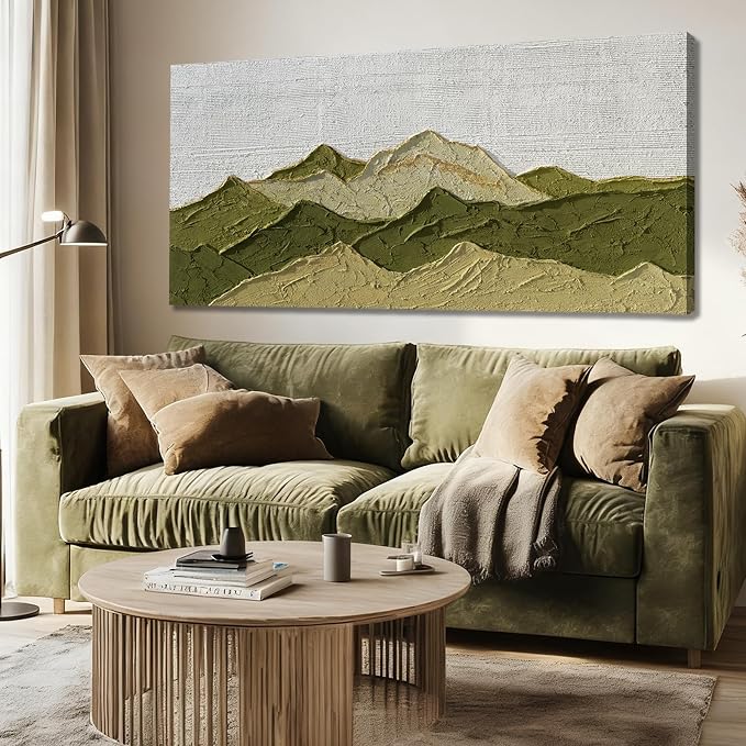Dolidoteart Green Beige White Mountain Wall Art, Hand Painted Oil Painting on Canvas, Large Landscape Wall Decor for Living Room Bedroom Office, Horizontal 24x48 Inch