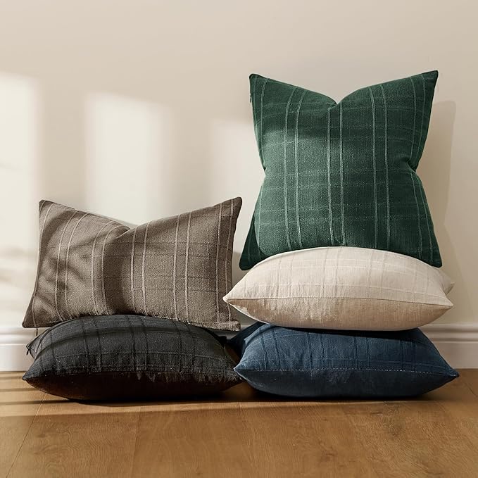 MIULEE Decorative Linen Check Throw Pillow Covers Neutral Farmhouse Vintage Spring Pillow Covers 18x18 Set of 2 Boho Modern Home Decor for Sofa Couch Bedroom Cushion Dark Green