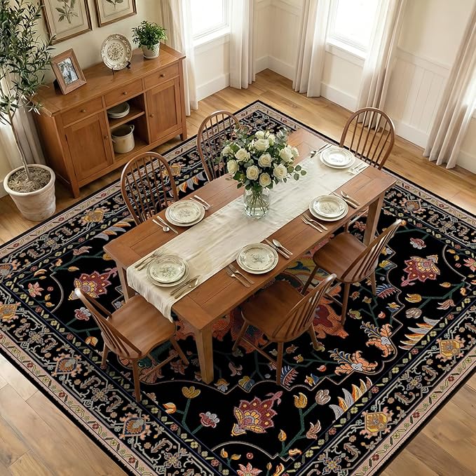 RELEANY Area Rugs Square 10ft Washable Non-Slip, Floral Vintage Distress Print Pattern Medallion Carpet for Living Room Bedroom Dining Room, Black Colorful Floral Dark Tan