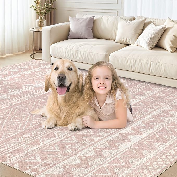 cotiled 5x8 Area Rug Living Room: Washable Boho Rugs with Non Slip Backing Large Soft Indoor Stain Resistant Carpet for Bedroom Farmhouse Dining Room Lightweight Home Decor Lotus Pink