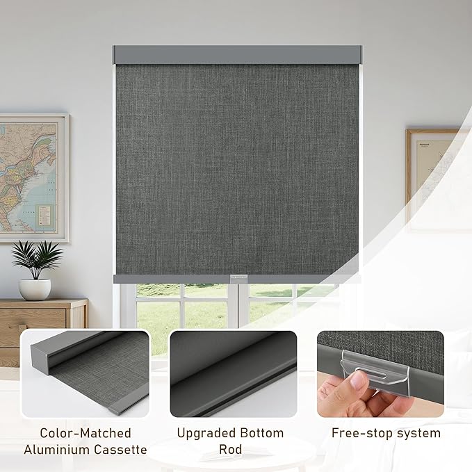 AOSKY Linen Roller Blinds Shades for Indoor Windows Pull Down Cordless Blackout Black Out Window Shade 30.5 Inch Blinds for Home Dark Grey