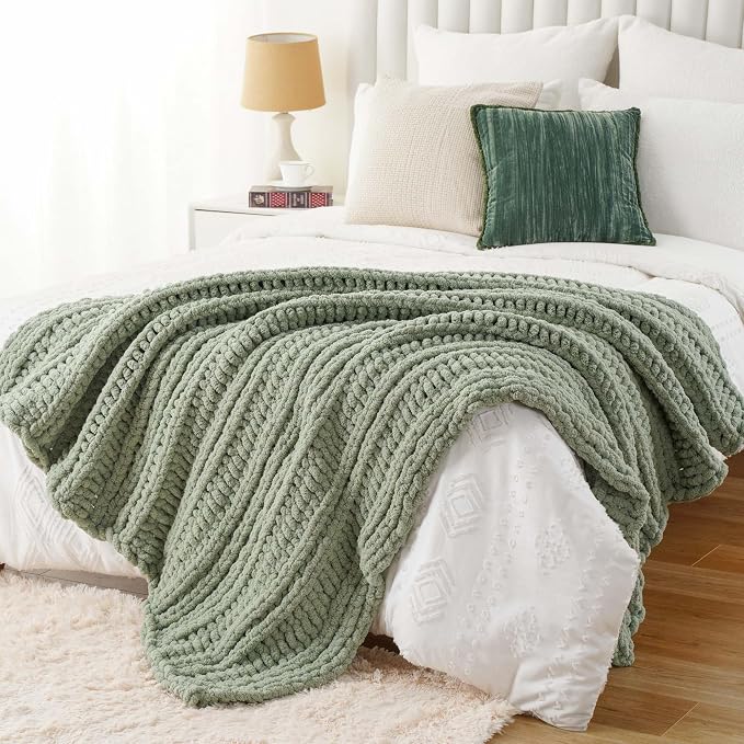 Battilo Chunky Knit Throw Blanket for Couch, 50"x60", Sage Green | Hand Knit, Gift Blanket, Cozy Warm Thick Soft Chenille Throw Blanket for Bed, Sofa, Chair, Living Room