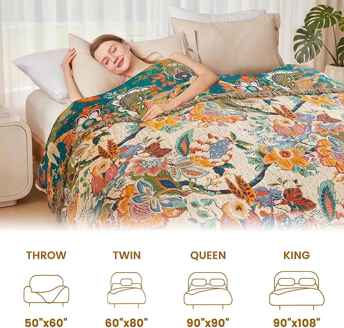 MSGKV Boho Throw Blanket for Bed Couch Twin Size Cotton Vine Blanket 60"x80" Couch Muslin Summer Breathable Lightweight Farmhouse Blankets for All Seasons Home Decor