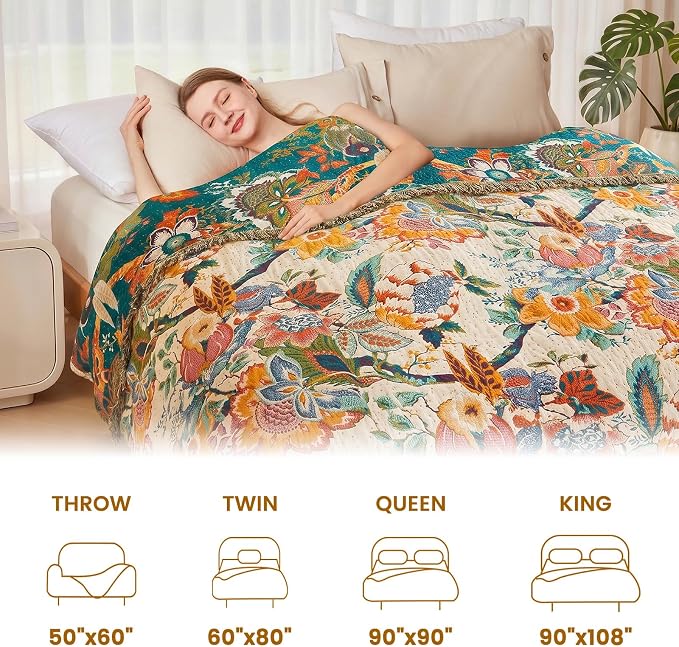 MSGKV Boho Throw Blanket for Couch 50"x60" 100% Cotton Vine Embroidery Blanket Bed Chair Sofa Blankets Muslin Summer Breathable All Seasons Lightweight Farmhouse Blankets Home Decor