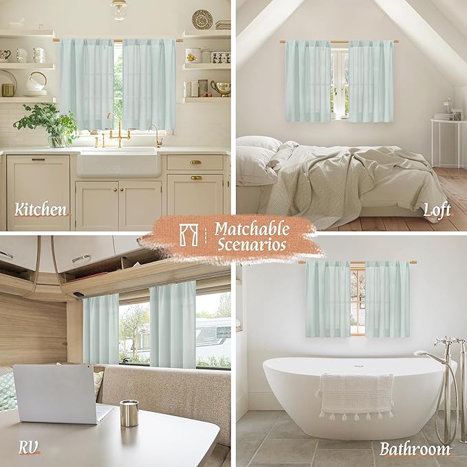 LAMIT 48 Inch Short Window Linen Curtains, Soft Faux Linen Light Filtering Panels Rod Pocket Neutral Drapes for Cafe/Bathroom/Loft Room, Light Blue, 2 Panels, 42 x 48 Inch